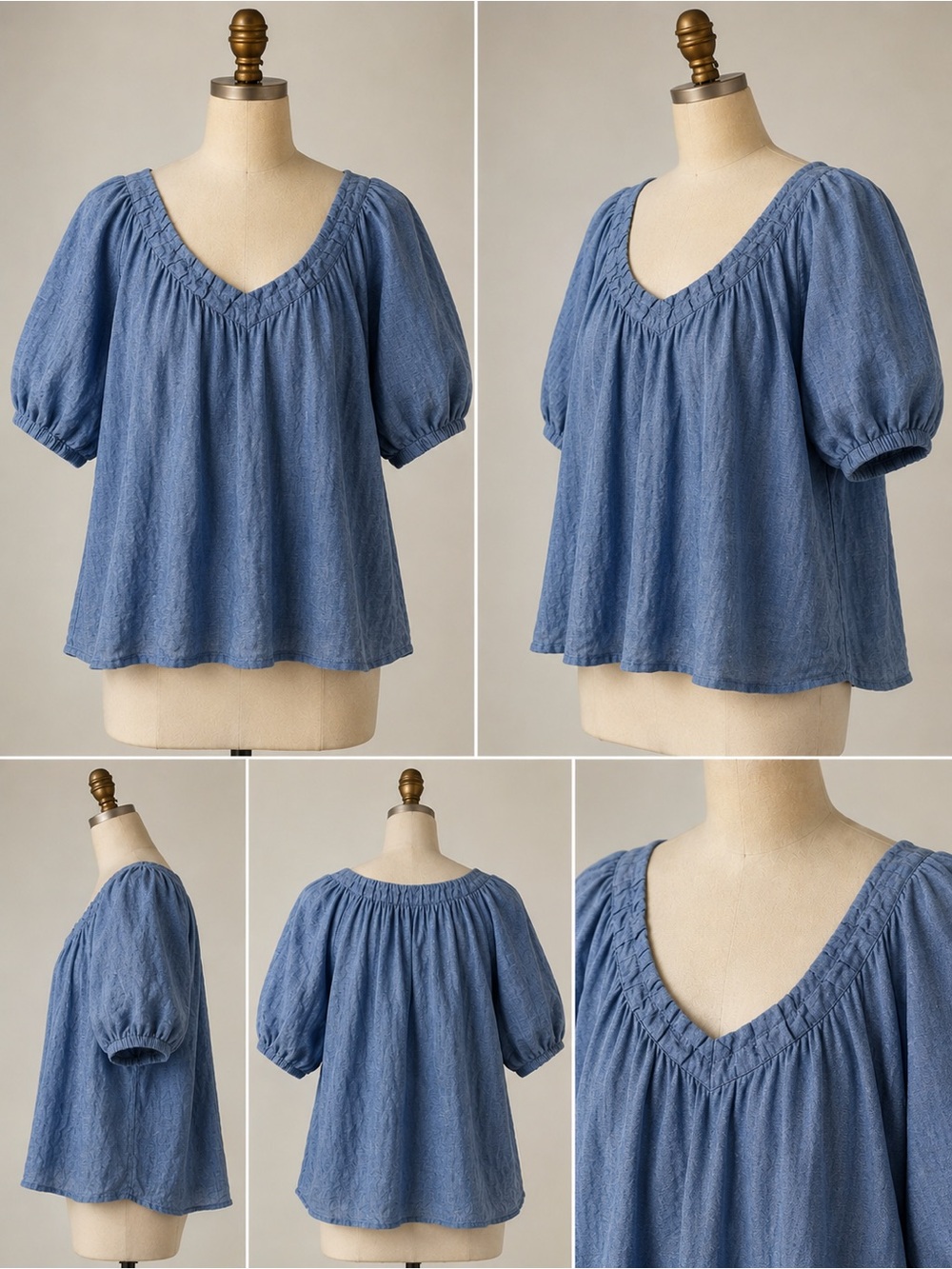 Sussan Blue 100% Linen-Texture Peasant‎ Blouse Size 10 Puff Sleeve Cottagecore